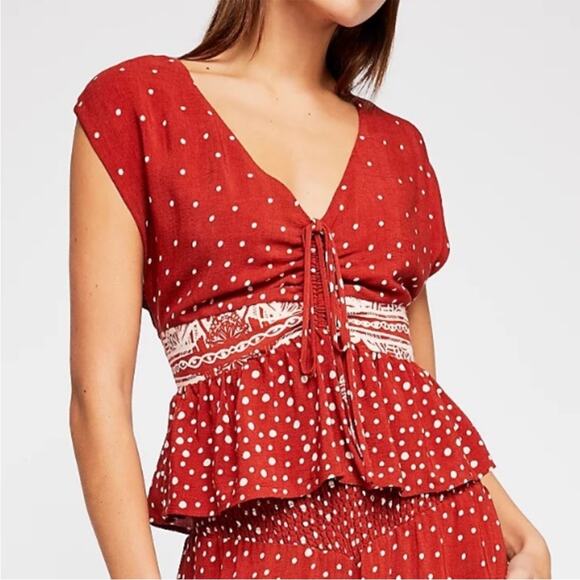 Free People Babylon River Red Clay Deep V Peplum Top XS - Picture 1 of 9